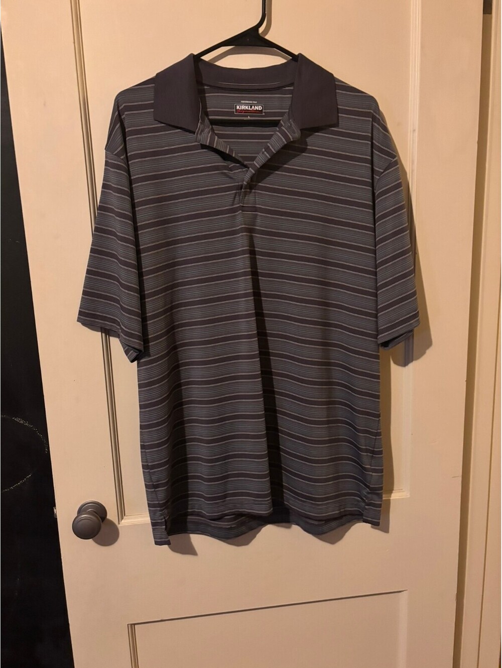 Kirkland Signature Performance Polo Shirt Striped Gray Blue Size Large